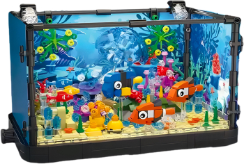 Set de constructii Acvariu cu pesti HexaCraft Lumini LED integrate Fundal detasabil Figurine dinamice Material ABS non-toxic Multicolo 