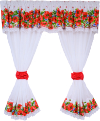 Perdea bucatarie bumbac alb cu imprimeu floral maci cu dantela alba rejansa 6 cm 200x160 