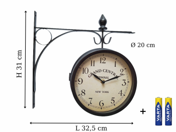 Ceas de perete cu doua fete analogic din metal cu suport 2 baterii incluse silentios negru cu geam sticla Ø 20 cm h 31 cm L 