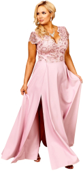 Rochie CRYSTAL lunga eleganta cu broderie tesatura gabardina fanta discreta pe picior marime 52 plus size roz pastelat 