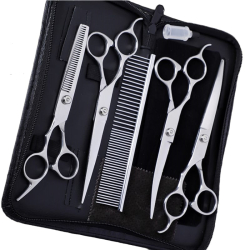 Set profesional 6 in 1 OnePet cu foarfeci tuns caini sau pisici foarfeca cu varf rotund siguranta anti-ranire pieptene inclus argintiu 