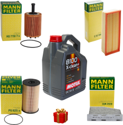 Pachet revizie Volkswagen B6 2.0 BKP - Ulei Motul 8100 X-Clean+ 5w30 + 4 Filtre Mann-Filter + Cadou 