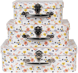 Set 3 cutii depozitare carton multicolor tip valiza 30x22x9 cm 25x20x9 cm 20x17x8 cm 