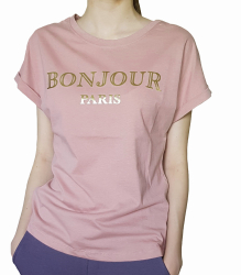 Tricou dama Bonjour imprimeu text bumbac S roz pudra 