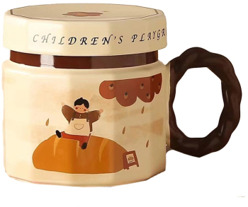 Cana din ceramica Cyrax Cana pentru Cafea Ceai Cana Universala Unisex Cana cu Capac 9 x 8 x 8 cm 400 ml Model Baietel Bej 