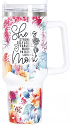 Cana Termos din Plastic Cyrax pentru Bauturi Calde si Reci cu Maner Imprimeu Floral cu Mesaj pentru Mama Alb 10x7.6x27.5 cm 