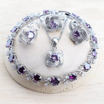 Set bijuterii placate cu argint 925 cu cristale de zirconiu violet-ametist 