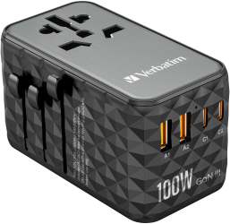 Adaptor calatorie universal Verbatim 32121 GaN III UTA-06 100W 2 x USB-C PD QC 4+ 2 x USB-A QC 3.0 Negru 