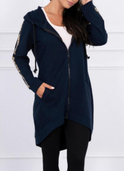 Cardigan dama Denisa cu gluga lung imprimeu text bumbac universal bleumarin 