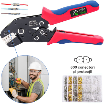 Kit profesional pentru sertizarea cablurilor electrice GlowforHome cu 600 conectori AWG 10-12 AWG 12-14 AWG 14-16 AWG 16-22 rosu 