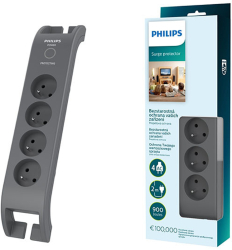 Protectie anti-supratensiune pentru profesionisti Philips cu 4 prize si 2 metri 10A negru.