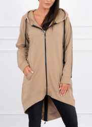 Cardigan dama Denisa cu gluga lung imprimeu text bumbac universal bej 