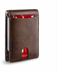Portofel barbati din piele ZEEVOS agrafa pentru bancnote protectie RFID carduri slim maro