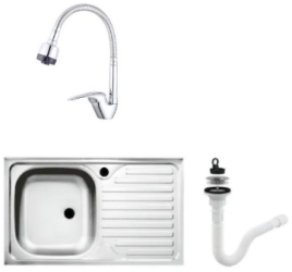 Set chiuveta masca inox cuva stanga Raulconstruct 80x50 cm baterie lebada flexibila cu sifon de scurgere 