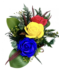 Aranjament floral traditional tricolor cu trandafiri si plante naturale criogenate Albastru Galben Rosu 
