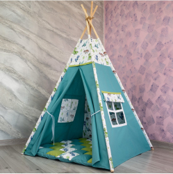 Cortulet de joaca Teepee verde cu turcoaz si dinozauri 