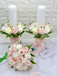 Set buchet si lumanari cu trandafiri din foita parfumata de sapun si floarea miresei naturale uscata - Alb Roz Crem