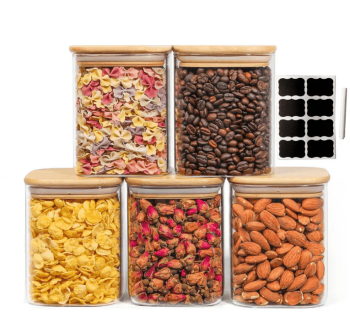 Set de 5 recipiente din sticla borosilicata cu capace din bambus Koken depozitarea alimentelor - 5 Recipiente 0.8 L 