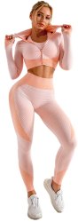 Set Fitness modelator din 3 Piese - colanti bustiera bluza cu maneca lunga si fermoar roz cu portocaliu - S 