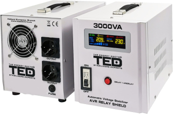Stabilizator retea automat 3000VA 1800W cu Ecran LCD si Sinusoidala Pura cu 2 Iesiri Schuko si Regleta TED Electric 