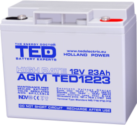 Acumulator Stationar Etans AGM VRLA 12V 23A M5 F12 T12 High Rate Dimensiuni 181mm x 76mm x h167mm Pentru UPS Siteme Back-up TED Electric 