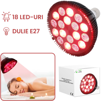 Bec terapeutic cu lumina infrarosie GlowforHome fototerapie ameliorarea durerii pielii si articulatiilor 18 LED-uri 660 nm E27 negru 