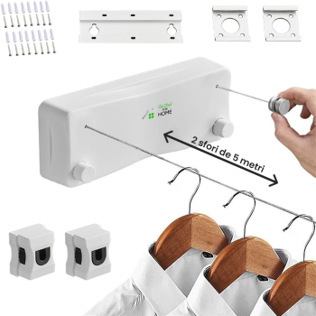 Uscator de rufe cu sfoara dubla retractabila GlowforHome montabil pe perete otel inoxidabil baie balcon sistem de blocare 500 cm alb 