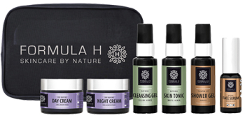 Formula H Set Formula H Travel Bag Gel curatare 50ml + Lotiune tonica 50ml + Ser pentru ten 10ml + Crema de zi Collagen 10ml + Crema de 