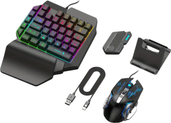 Kit Gaming Telefon cu Tastatura Iluminata 39 taste One Hand si mouse Iluminare Rainbow Video Game Combo Suport Telefon Inclus Wireless M gaming