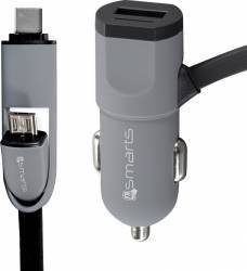 Incarcator Auto 4smarts 3.4A MicroUSB and Type-C Multicord Black cablu incorporat 1m 