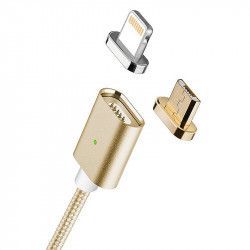 Cablu de date / incarcare magnetic 2 in 1 Micro USB Lightning 1m textil Auriu BBL838 
