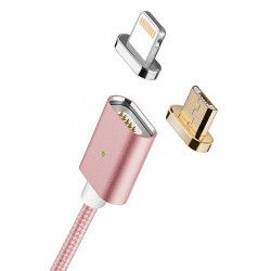 Cablu de date / incarcare magnetic 2 in 1 Micro USB Lightning 1m textil Rose Gold BBL837