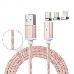 Cablu de date / incarcare magnetic 3 in 1 Micro USB Type-C Lightning 1m textil Rose Gold BBL840
