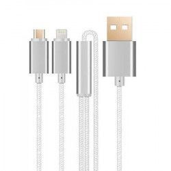 Cablu de incarcare 2 in 1 pentru iPhone si Samsung Lightning si Micro USB incarcare simultana textil Silver BBL808 
