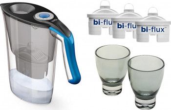 Cana de filtrare apa Laica Lucia Blue J906 + 3 filtre Bi-flux + 2 pahare gri fume 