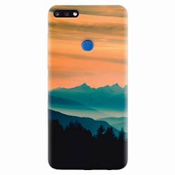 Husa silicon pentru Huawei Y7 Prime 2018 Blue Mountains Orange Clouds Sunset Landscape 
