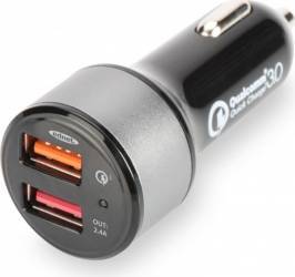 Incarcator Auto Assmann Qualcomm Quick Charge 3.0 dual port USB 3A-2.4A Negru 