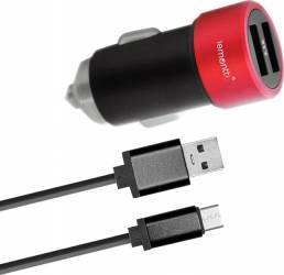 Incarcator Auto MicroUSB Lemontti 3.1A Dual USB cablu detasabil Negru-Rosu 