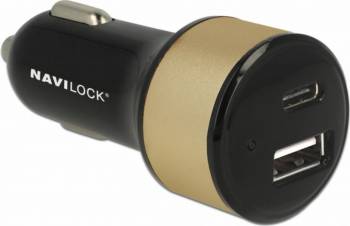 Incarcator auto Navilock cu 1 x USB-C + 1 x USB-A Negru 