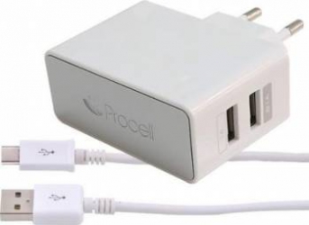 Incarcator Auto Procell 2.1A Dual USB Alb 