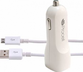 Incarcator Auto Procell Dual USB + Cablu microUSB 2.1 A Alb 