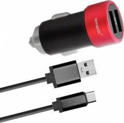 Incarcator Auto Type-C Lemontti 3.1A Dual USB cablu detasabil Negru-Rosu 