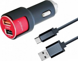 Incarcator Auto Type-C Lemontti Qualcomm 3.0 Dual USB 3.1A cablu detasabil Negru-Rosu 
