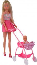 Papusa Simba Steffi Love Baby Walk 29 cm roz cu carucior si accesorii 