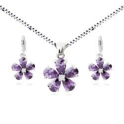 Set argint femei flori cu cristale Swarovski Purple Flowers 
