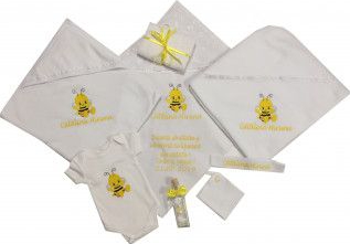 Set trusou botez baieti si fete clasic cu 8 piese body si paturica prosop panza mir fasa elastica sticluta personalizate prin 