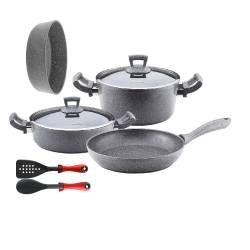 Set 8 piese Hascevher Germanitium oala 3l cu capac cratita 3 9l cu capac tigaie 22cm si tava copt 30cm granit-gri 