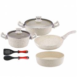 Set 8 piese Hascevher Germanitium oala 3l cu capac cratita 3 9l cu capac tigaie 22cm si tava cuptor rotunda 30cm granit 