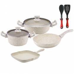 Set 8 piese Hascevher Germanitium oala 3l cu capac cratita 3 9l cu capac tigaie 22cm si tigaie grill 28cm granit-crem 