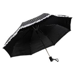 Umbrela telescopica neagra cu buline albe si argintii volanas alb deschidere automata ∅ 112cm
